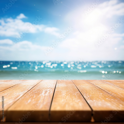Wood table top on blur sparkling sea water