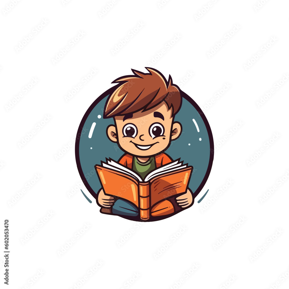 mascot logo for a children's bookstore with the mascot of a child reading a book