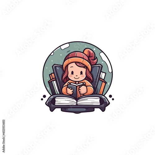 mascot logo for a children's bookstore with the mascot of a child reading a book