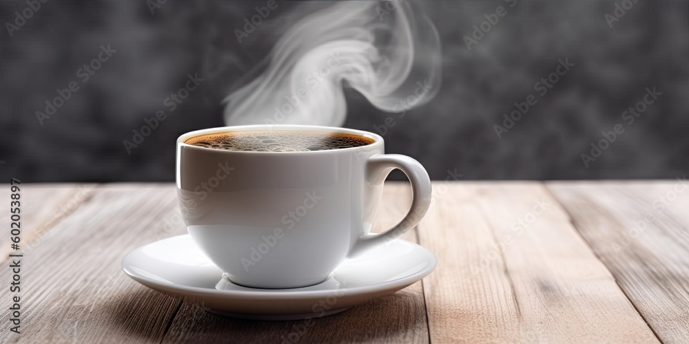 Fresh Espresso Coffee on Wooden Table. Closeup of Hot Aroma and Breakfast Morning Drink with Cup and Background Cafe. Generative AI illustrations.