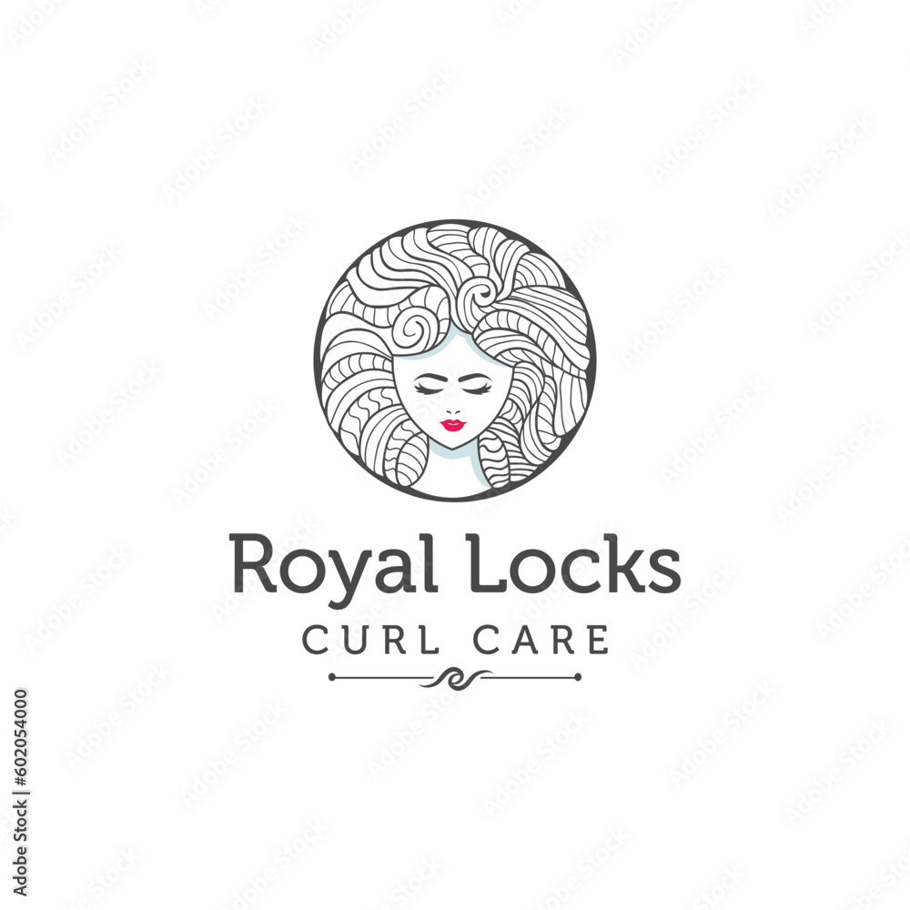 Black and white isolated curl hair women logo design for hair style, fashion, and cosmetics industry.