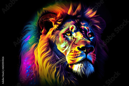 Illustration of a lion in a variety of vibrant colors in a modern style. Generative AI.