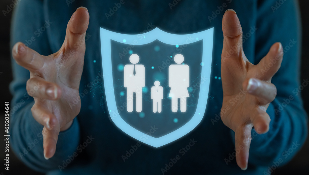 Obraz premium Human hand with family love care and holding shield guard protective gesture family, life, health, insurance, safe, real estate, support, insurance company, hospital, policy, life insurance concept
