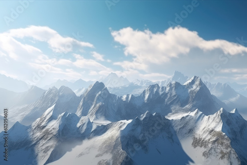 Beautiful view of high mountains on top covered by snow, high mountains like the alps, in a beautiful winter scenery. Generative AI.
