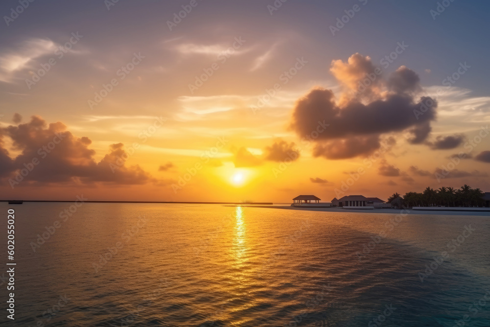 The picture captures a stunning sunset over the ocean, with the sun casting a warm glow over the water and the sky awash in shades of pink, orange, and purple. Generative AI, AI.