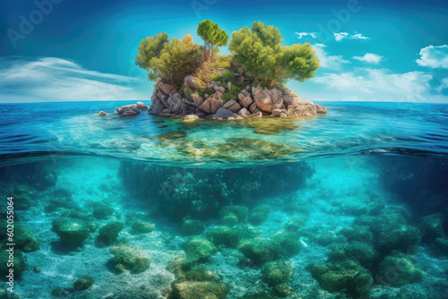 The photo depicts a beautiful island on the azure sea. The crystal-clear waters  the white sandy beaches  and the lush greenery make it a paradise on earth. Generative AI  AI.