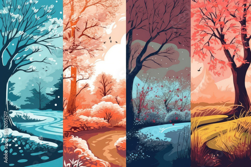 Depict the transition from winter to spring in an illustration using lighting, color scheme, and artistic style to convey the message effectively. Generative ai.