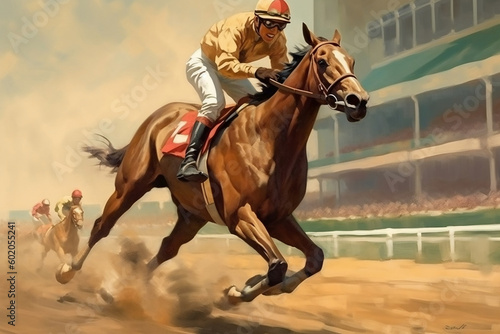 Jockey and Horse at Finish Line in Traditional European Horse Racing, generative Ai