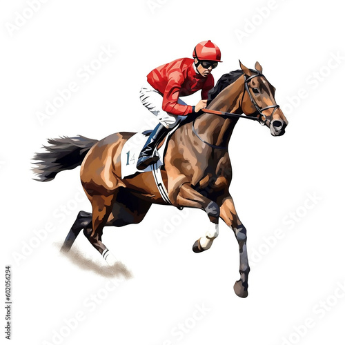 Cartoon-style racing horse with jockey, colorful illustration on white background, generative Ai