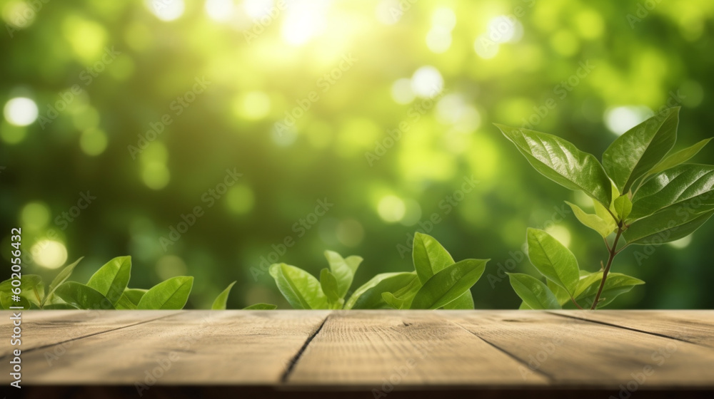 A wooden table with a green leafy background A wooden table with a green leafy background
