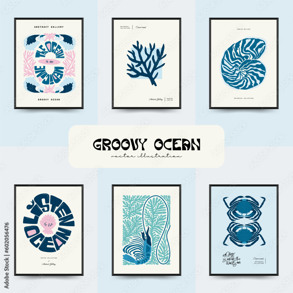 Underwater world, ocean, sea, fish and shells vertical flyer or poster template. Modern trendy Matisse minimal style. Hand drawn design for wallpaper, wall decor, print, postcard Underwater world, ocean, sea, fish and shells vertical flyer or poster template. Modern trendy Matisse minimal style. Hand drawn design for wallpaper, wall decor, print, postcard