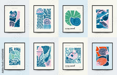 Underwater world, ocean, sea, fish and shells vertical flyer or poster template. Modern trendy Matisse minimal style. Hand drawn design for wallpaper, wall decor, print, postcard