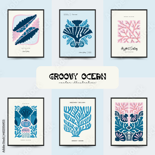Underwater world, ocean, sea, fish and shells vertical flyer or poster template. Modern trendy Matisse minimal style. Hand drawn design for wallpaper, wall decor, print, postcard