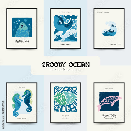 Underwater world, ocean, sea, fish and shells vertical flyer or poster template. Modern trendy Matisse minimal style. Hand drawn design for wallpaper, wall decor, print, postcard
