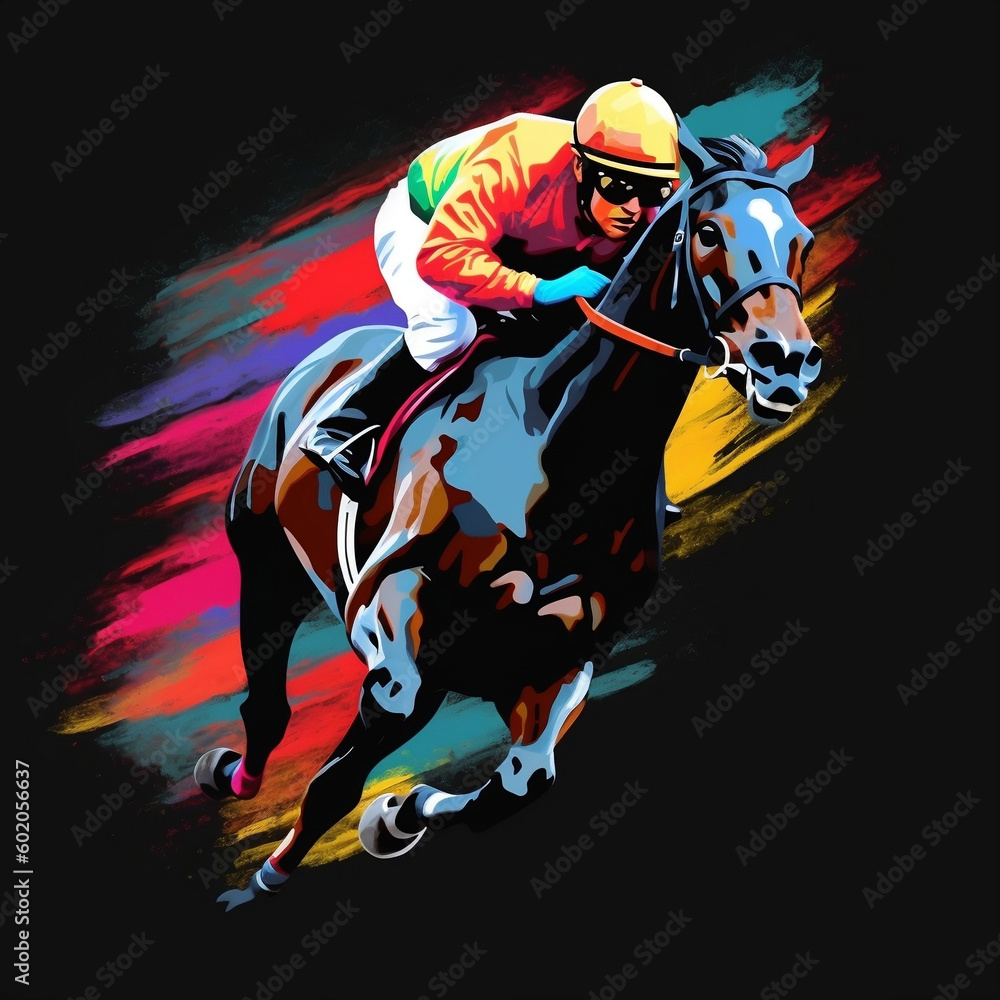 Painted Racing Horse with Jockey on a Black Background, generative Ai
