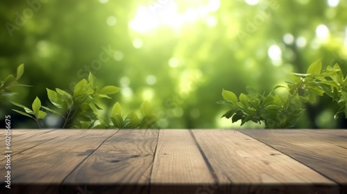 A wooden table with a green leafy background