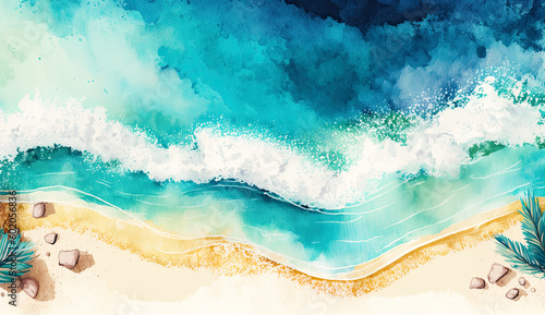 Beach and waves from top view. Sea water background from top view. Summer seascape from air. Watercolor illustration. Generative ai