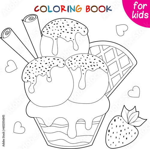 Ice cream with waffle, cinnamon sticks and strawberries. Relaxation coloring template.