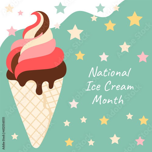 Big ice cream in a waffle cone and stars. Lettering National Ice Cream Month.