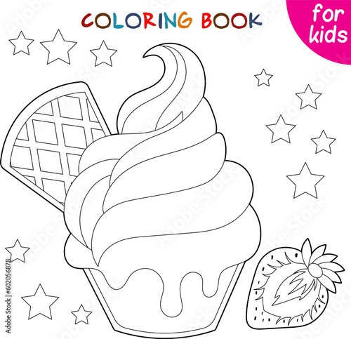 Strawberry ice cream with waffles on a white background. Relaxation coloring template.