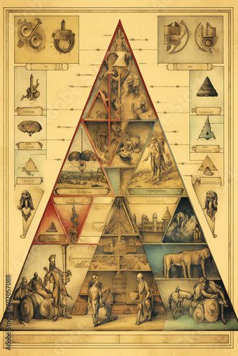 Book cover, background or illustration of a stylized pyramid surrounded by astrology, cabal or esoteric symbols. Created with Generative AI technology.