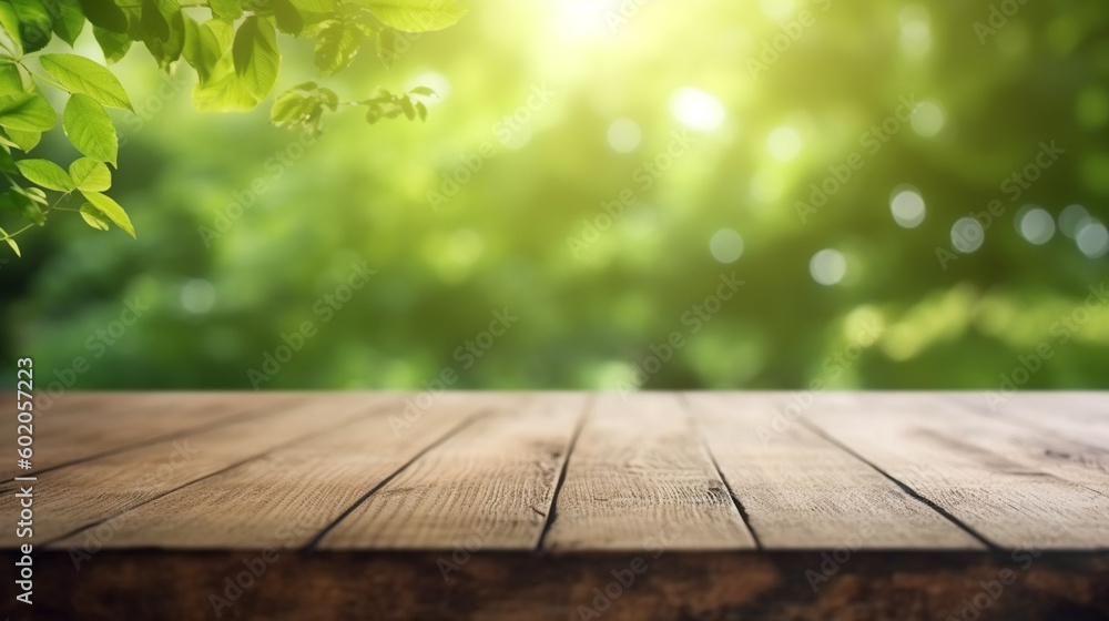 A wooden table with a green leafy background A wooden table with a green leafy background