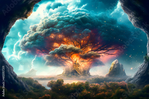 Fabulous majestic giant tree on a strange alien planet. Created with Generative AI technology.