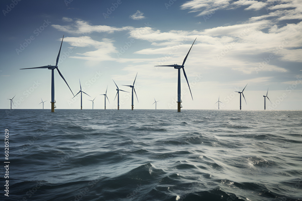 Wind turbines in the sea. Generative AI