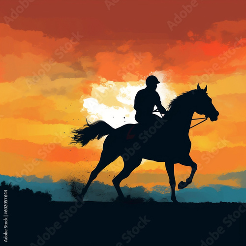 Silhouette of Thoroughbred and Jockey Racing at Sunset, generative Ai © Ash