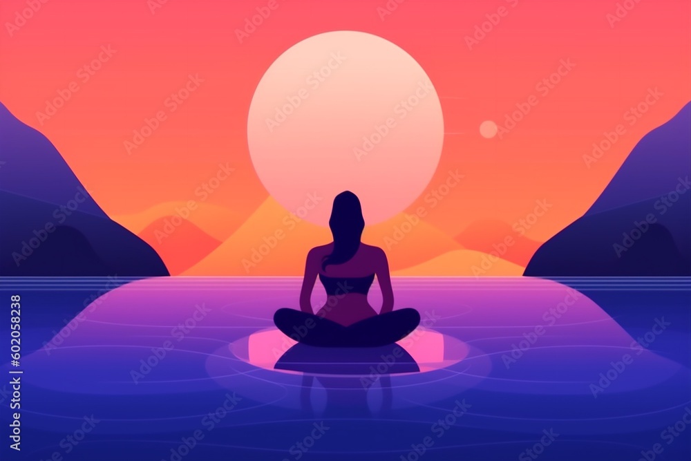lotus woman meditation back relaxation exercise yoga ocean lifestyle person sea. Generative AI.