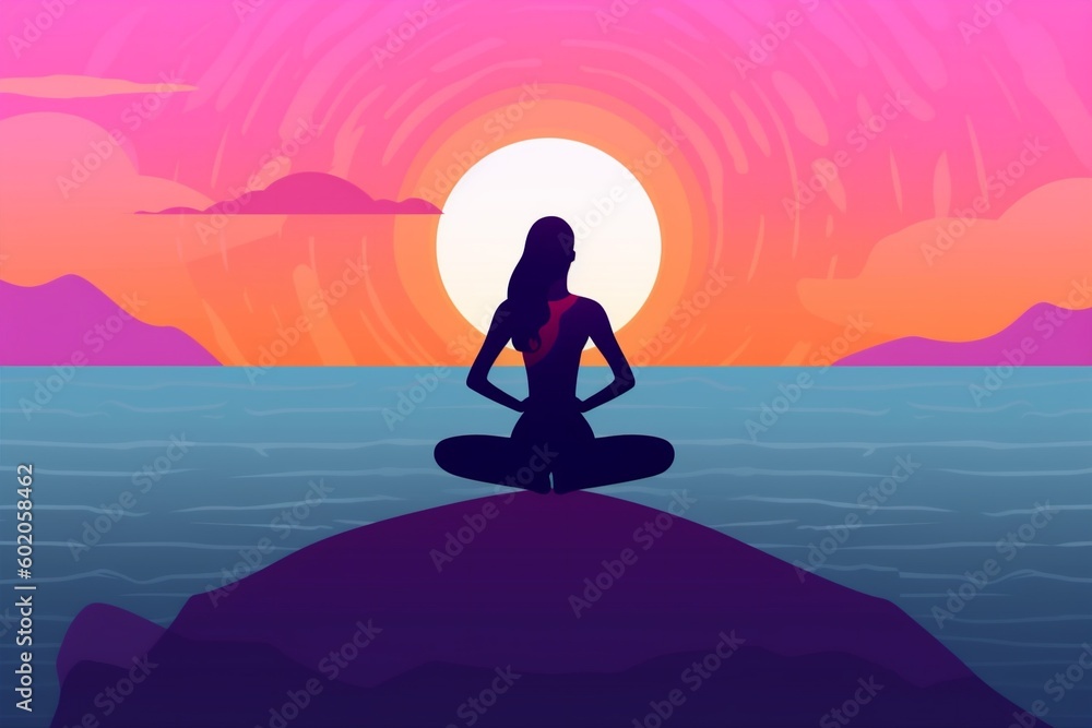 woman relaxation yoga exercise lotus meditation person back body sea ocean. Generative AI.