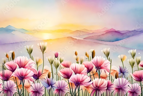 sunset in the mountains Watercolor Flowers: Vibrant and Beautiful Floral Background © crescent