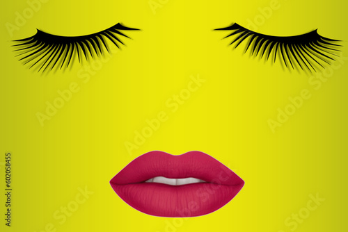 Women's lips and eyelashes. Sensual and seductive female lips with dark red lipstick and long black eyelashes on a yellow background. Cosmetics and beauty concept	