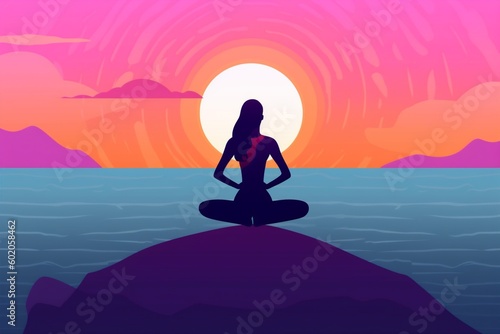 woman relaxation yoga exercise lotus meditation person back body sea ocean. Generative AI.