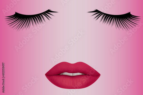 Women's lips and eyelashes. Sensual and seductive female lips with dark red lipstick and long black eyelashes on a pink background. Cosmetics and beauty concept