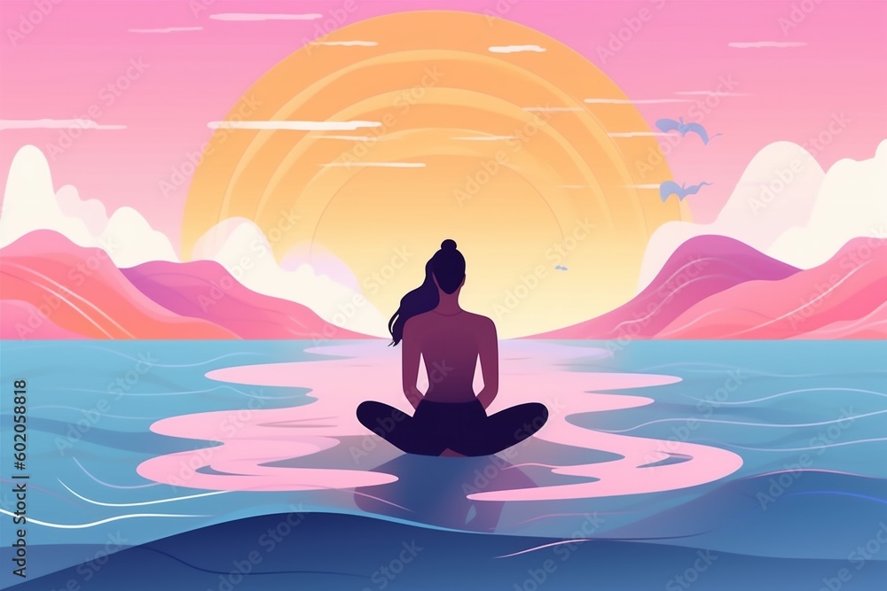 person woman meditation yoga travel sea lotus back ocean exercise relaxation. Generative AI.