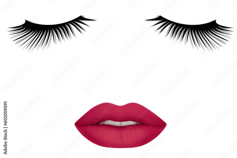 Women's lips and eyelashes. Sensual and seductive female lips with dark red lipstick and long black eyelashes on a white background. Cosmetics and beauty concept Women's lips and eyelashes. Sensual and seductive female lips with dark red lipstick and long black eyelashes on a white background. Cosmetics and beauty concept