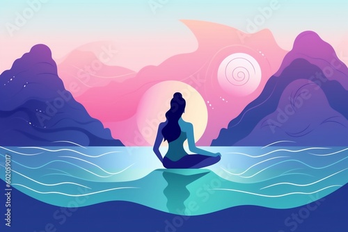 woman person yoga exercise lotus meditation ocean relaxation sea meditating back. Generative AI.