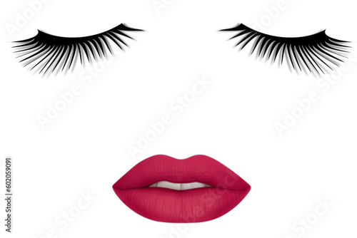 Women's lips and eyelashes. Sensual and seductive female lips with dark red lipstick and long black eyelashes on a white background. Cosmetics and beauty concept	