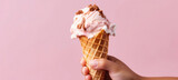 Delicious ice cream in waffle cone, close-up, on light pink background with copy space, generative Ai