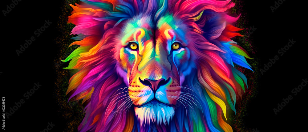 Spectrum lion head on black background, Generative AI horizontal banner