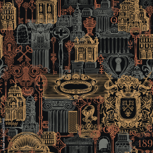 Abstract Seamless pattern on ancient architecture and art. Hand-drawn vector background with vintage buildings, architectural elements, coat of arms and old keys. Wallpaper, fabric