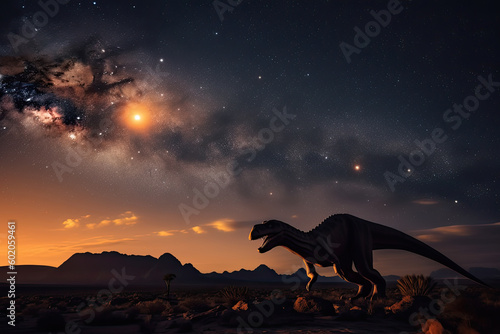 Dinosaur walks across the plain at night with a flying meteorite in the starry sky, created with Generative AI