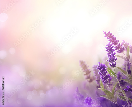 Lavender flowers at sunlight in a soft focus, pastel colors and blurred background. Generative AI