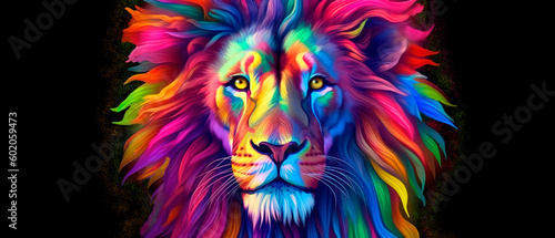 Spectrum lion head on black background, Generative AI horizontal banner