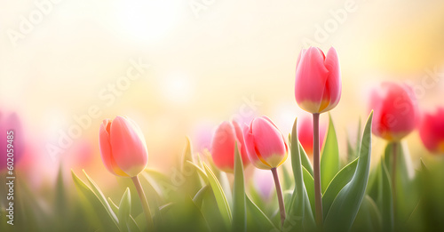 Pink tulips with fresh green leaves in soft lights at blur background. Floral banner. Generative AI