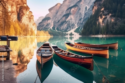 Boats on Braies lake in Dolomite mountains, Sudtirol, Italy. Nature park Fanes-Sennes-Prags, Dolomite, Italy, Europe. Generative AI