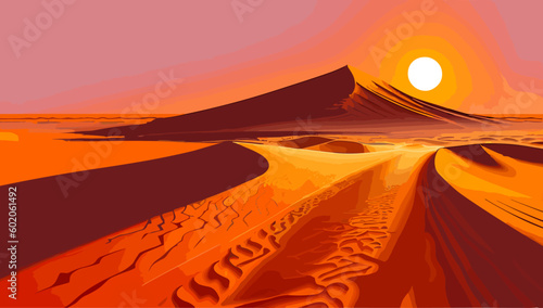 Desert landscape with sand dunes at sunset. Vector illustration.