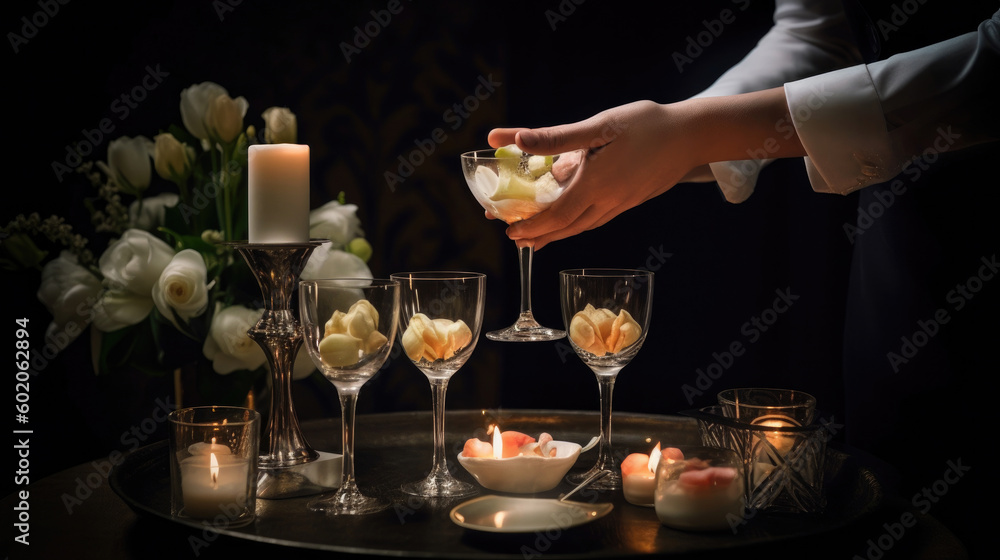 Wedding table with flowers and candles. The waiter's hand is holding a glass of champagne. Wedding table with flowers and candles. The waiter's hand is holding a glass of champagne.