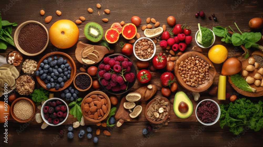 Healthy food selection on wooden background. Superfoods and healthy eating concept.